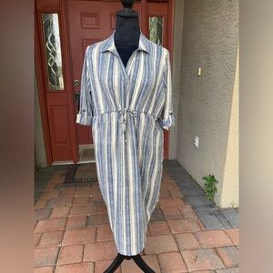 Coastal Blue and Cream Vertical Stripes Tie Waist Maternity Dress